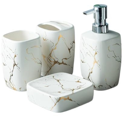 KHYTEBV Marmor-Badezimmer-Zubehör-Set, 4-teilig, Keramik-Lotionflasche, Zahnputzbecher, Seifenschale für das Badezimmer zu Hause, Arbeitsplatte, Frisiertisch, Organisation
