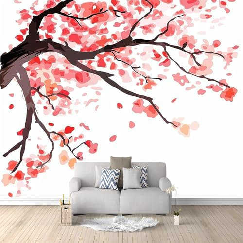 Papier Peint Rouge Panoramique 3D Japonais traditionnel Fleur de cerisier Aquarelle Murale Salon Chambre à Coucher Maison Décoration 250 x 175 cm pour Salon Chambre Poster Geant Mural Personnalisé