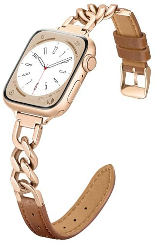 wipalor Chain Leather Strap Compatible with Apple Watch Straps 46mm 45mm 44mm 42mm(Series 3 2 1) 49mm, Cowboy iWatch band for Apple Watch Straps Women Series 11 10 SE 9 8 7 6 5 Ultra,Rose Gold/Brown