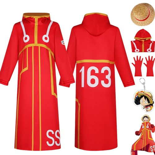 bbganlian Anime One Piece Egghead Island Monkey D Luffy Cosplay Costume Outfit Role Paly Red Uniform Full Set Halloween Party Carnival Dress Up Suit with Hat Keychain for Men
