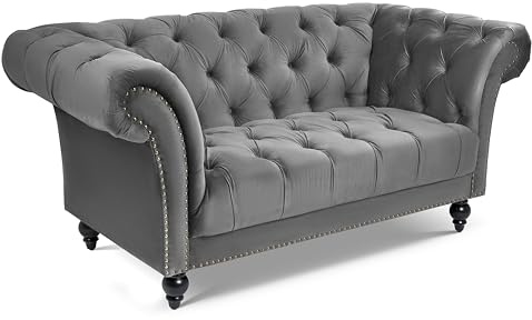 Bravich Chesterfield Velvet Sofa, Grey 2 Seater Sofa for Living Room Furniture, Classic Button Back Settee with Rolled Arms, Solid Wood Frame, 170cm x 58cm x 82cm
