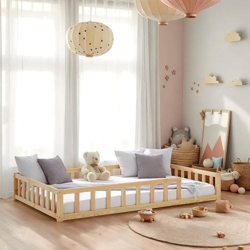 Homestyle4u Bodenbett 120x200 Natur Montessori Kinder Holzbett Kinderbett mit Rausfallschutz Matratze Lattenrost
