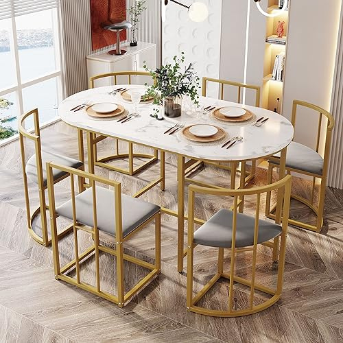 Miyemo Dining Table and Chairs Set 7, Kitchen Dining Table Set, White Table & Upholstered Chair with Backrest, 4 Small & 2 Large, Modern Space Saving Dining Table Combination, Gold Steel Frame
