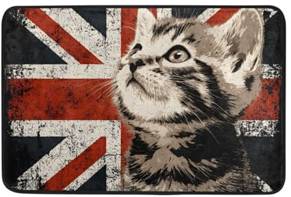 OWFKAY Zerbino di benvenuto con bandiera britannica vintage, gatto, soggiorno, cucina, decorazione per interni ed esterni, 60 x 40 cm