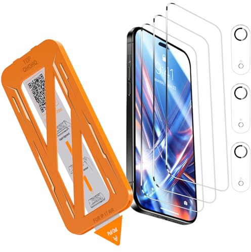 QHOHQ 3 Stück für iPhone Air für Panzerglas mit 3 Stück Kameraschutz, Top 9H+ Härte Glas Folie für iPhone 17 Air, 1-Sekunden Auto-Install, Anti-Kratzer, Anti-Fingerabdruck, Kompatibel mit Hülle