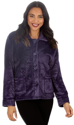 GM Apparel Veste de lit en polaire pour femmes Peignoirs de bain – Manteau d'intérieur court chaud gaufré boutonné avec deux poches avant, Cardigan doux de détente et vêtements de nuit, violet, 38-40