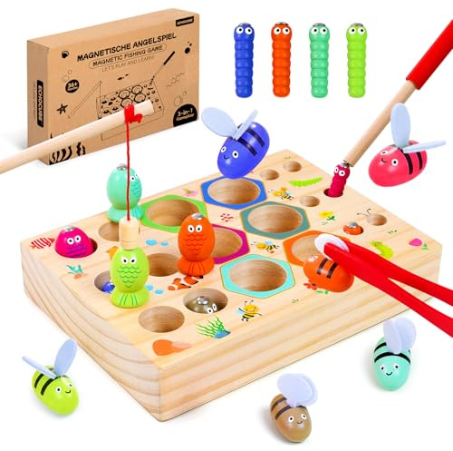 ECHOCUBE Magnetisches Angelspiel, 3-in-1-Angelspielzeug aus Holz für Kinder, Montessori-Spielzeug, Lernspiele, Geschenk für 3-jährige Jungen und Mädchen zum Geburtstag oder zu Weihnachten