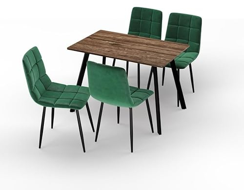URBNLIVING 110cm Dining Table & 4 Velvet Chairs Set – Modern Metal Frame Kitchen Furniture, Contemporary Dining Room Set - Rustic Oak Table Green Chair