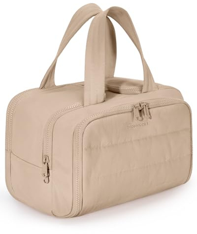 BAGSMART Reise Kulturtasche Damen Große, Weit Offene Reise-Kulturbeutel | Kosmetiktasche Make up Organizer mit Griff für Zubehör, Essentials, Toilettenartikel, Khakibraun