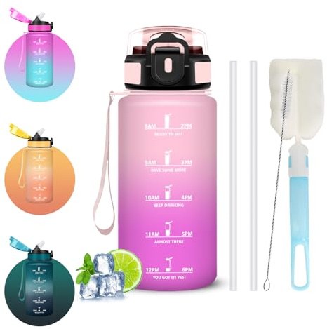 Gourde 500ml, Gourde Sport avec Paille, Brosses pour Paille et Bouteille, Verrou de Sécurité, Gourdes Anti Fuite, Facile à Nettoyer, Bouteille d'eau avec Marqueur de Temps pour Cyclisme, Gym, Yoga