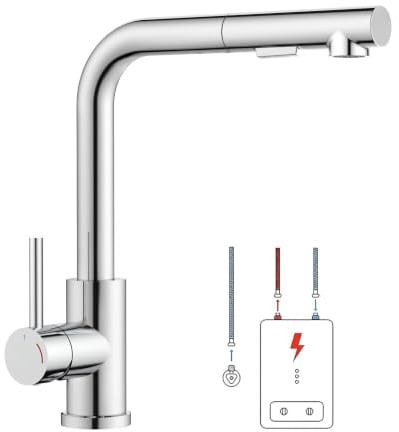 FORIOUS Rubinetto Lavello Cucina Bassa Pressione, Rubinetto a Forma L con Estraibile, Miscelatore Cucina 3 Vie per Scaldabagno o Sotto Lavello, 2 Getti, Rotazione 360°, Cromo Lucido, Scanalata