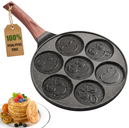 YASHE 7 Hole Nonstick Smiley Face Pancake Pan Induction Hob, Non-Toxic | PFOA Free Crepe Maker Fried Eggs Maker, Granite Mini Pancake Frying Pan with Stay-Cool Handle for Kids Family Breakfast