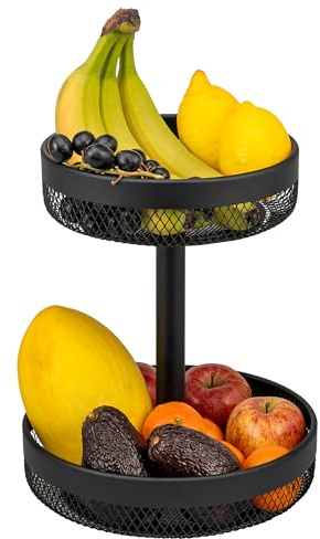 eluno 2-stöckige runde Obstetagere/ Brotkorb, Körbe mit einem Ø von 20 cm und 25 cm, Obstkorb für die Lagerung von Obst, Gemüse, Brot, Gewürzen und Snacks in Küche und Wohnzimmer, aus Metall (Schwarz)