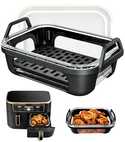 YYSWSAKY Recipiente de Cristal para Air Fryer Cuadrada con Tapa y Asas Extraíbles, Cesta de Vidrio para Freidora de Aire Cosori Ninja Philips, BPA Free, Apto para Lavavajillas