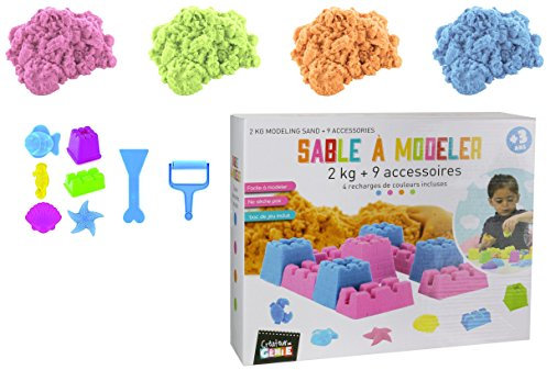 Coffret 2Kg De Sable Magique - 9 Accessoires (4X 500g de Sable Bleu, Rose, Orange, Vert)
