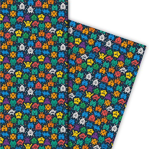 Kartenkaufrausch Retro Pixel Monster Geschenkpapier Set 4 Bogen, Dekorpapier nicht nur für Computer Spiel Nerds - als edle Geschenkverpackung, Musterpapier zum basteln 32 x 48cm