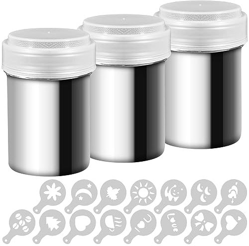 3 barattoli dosatori in acciaio inox, per polveri, come caffè, cacao, ecc. Tappo con fori dosatori, per cottura, casa, ristorante, con 16 stampini inclusi