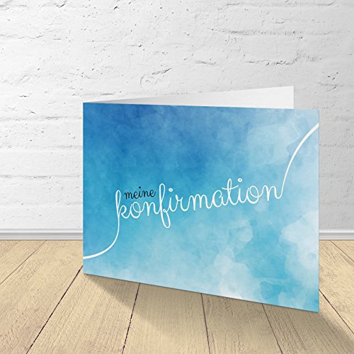 5 Karten zur Konfirmation mit passenden Umschlägen, Einladungskarten zur Konfirmation, Klappkarten im Set zu 5 Stk. Motiv Wasserfarbe_blau