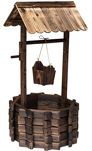 Outsunny Wooden Wishing Well Planter, Garden Feature Outdoor Flower Pot with Hanging Bucket for Backyard Garden Decor