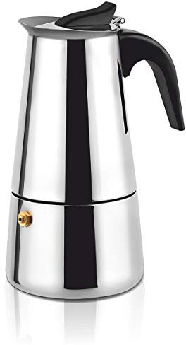 HAEGER SS Moka Pot 6 - Cafetera Italiana INOX, Apto en Todos los Elementos de Calefacción, válvula de Seguridad, manejo de Aislamiento térmico en Negro
