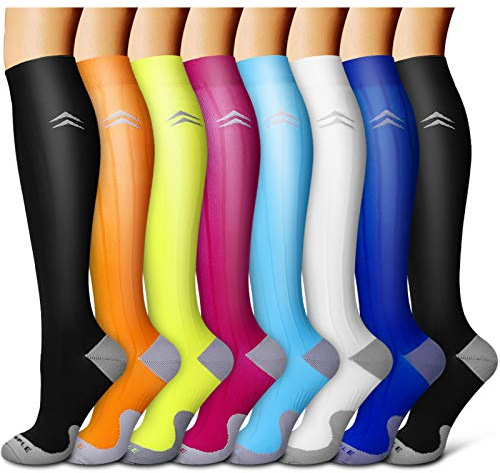 Laite Hebe Kompressionsstrümpfe für Damen und Herren (8 Paar), Socken am besten für Laufen, Sport, Wandern, Flugreisen, Schwangerschaft, 08-2 schwarz/orange/grün/rosarot/blau/weiß/marineblau,