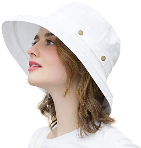 SOMALER Damen-Sonnenhut, Baumwolle, breite Krempe, LSF 50+, UV-Schutz, verstaubar, Strandhut, Sommer, Fischerhut für Reisen, Knopfverzierung, weiß, Einheitsgröße