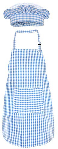Jennice House Kids Apron and Chef Hat Set, Cute Children Baking Aprons for Boys and girls Cooking Artists Painting Gardening Aprons (Blue Gingham, Large)