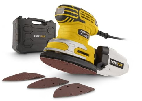Powerplus Elektro-Handschleifer POWX0481-220 W Multischleifer, 15 Blatt Schleifpapier, Staubauffangbox, Aufbewahrungskoffer - Schleifen von Holz & Keramik - Trockenbau Wand Schleifer