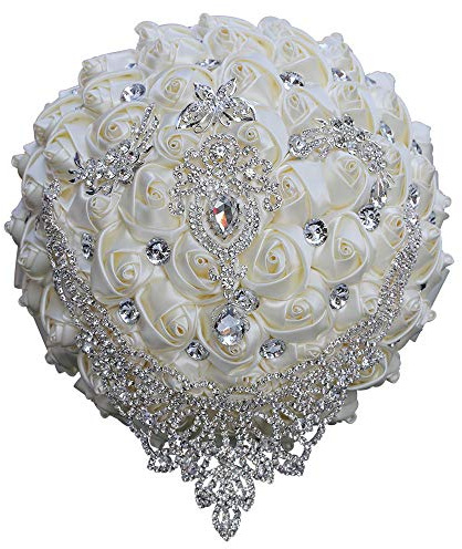 Qike Handgefertigter Luxus Hochzeit Brautstrauß Große Seidenrose Holding Toss Künstliche Blumen Blumensträuße mit Satinband Perlen Strass für Braut Vintage Royal Hochzeit Bouquet (Elfenbein)