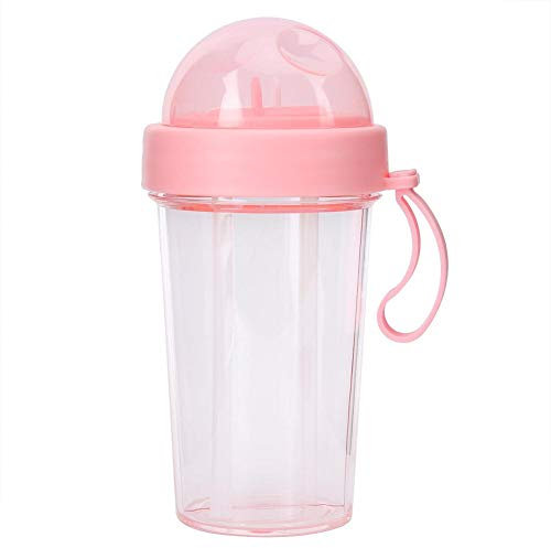 Ymiko Bouteille d'eau, bouteille de sport en plastique Bouteille d'eau 420 ml Pichet d'eau de voyage avec 2 compartiments et 2 pailles pour le camping en voyage(Rose)