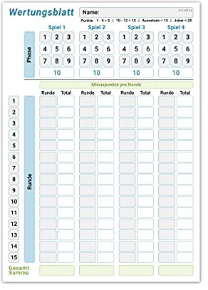 Wertungsblatt Block DIN A5, gut lesbar und übersichtlich gestaltet, moderner Ersatzblock mit Phasen, großer Spielblock für Würfel und Kartenspiele, für Senioren und Kinder geeignet, Familienspiel (1x)