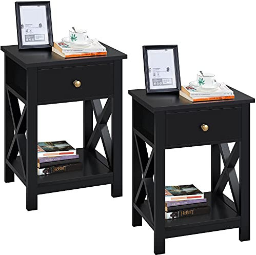 Yaheetech Black Bedside Tables Set of 2, Small Side Tables with 1 Drawer & Shelf, Wooden 2 Pieces Nightstands Bedroom Storage Units, Home Furniture, 40x30x55cm