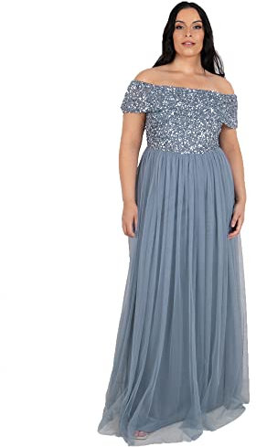 Maya Deluxe Damen Maya Deluxe Women's Bardot for Women Maxi Embellished Hight Empire Waist Sleveless Tulle W Bridesmaid Dress, Dusty Blue, 52 EU