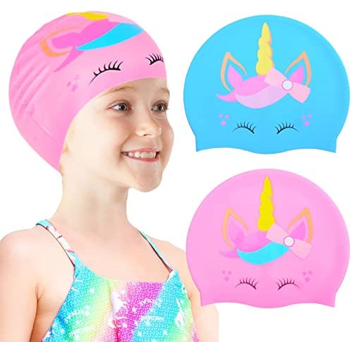 Sylfairy Gorro de natación de silicona para niños y niñas (4 a 8 años) para cubrir orejas, impermeable, para mantener el cabello seco, gorro de natación para cabello largo y corto, unicornio