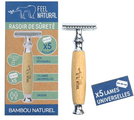 Rasoir de sûreté en bambou naturel + 5 lames universelles