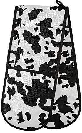 Animal Texture Print, Cow Skin Black White, Black Stains Spots Double Oven Mitt Gloves Extra Long Potholder High Heat Resistant for Baking Cooking Baking Grilling Handling Hots Pans 35x7