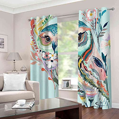 JGCAI Blickdicht Gardinen Mit Ösen Eule Polyester Geräuschreduzierung Wärmeisolierender Schallschutz Verdunkelungsvorhänge Für Schlafzimmer Wohnzimmer Kinderzimmer 150x166cm