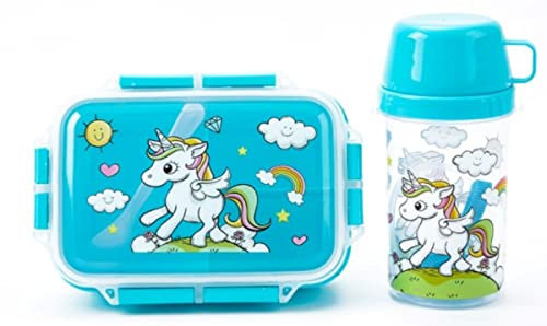 OM SUPPLIES Unicorn Sky Blue Sandwich Lunch Snack Box 3 Multi Scomparti con Bottiglia 450ml Bambini Scuola (Unicorno Cielo Blu)