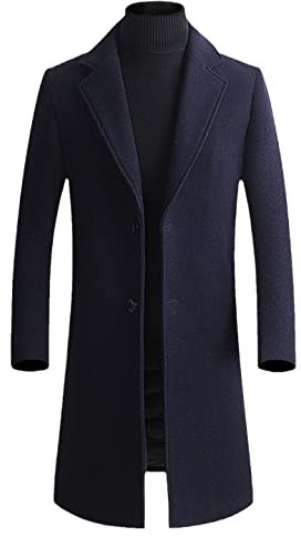 Manteau long d'hiver en cachemire pour homme - Veste coupe-vent de couleur unie, bleu marine, L