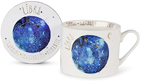 Summer Thornton - Juego de tazas con posavasos en caja de regalo (diseño Libra), taza de café de cerámica de 325 ml, taza personalizada con signo de estrella, regalos del zodiaco y tazas de café para