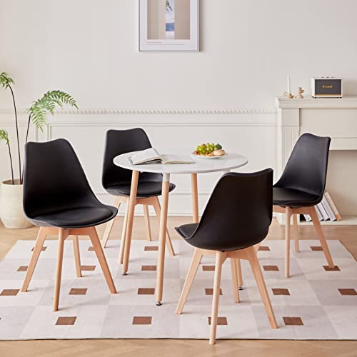 GrandCA HOME Esstisch und 4 Esszimmerstühle, Modernes Esszimmer-Set, Runder Desktop-Tisch mit Spleißstruktur und Küchenstühle in Schwarz