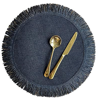 Runde Jute-Platzsets, Leinen, einfache Fransen-Tischdekoration, Wärmedämmung, rutschfeste Matte, Fotografie-Requisite, 6 Stück, Schwarz, 6 Stück