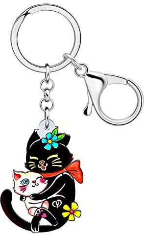 BAMAY Porte Clé Chat Acrylique Porte Clé Voiture Anneaux Bijoux Animaux Cadeaux pour Amoureux des Chats Femme Fille Chaton Charms (Fête des Mères Noir)