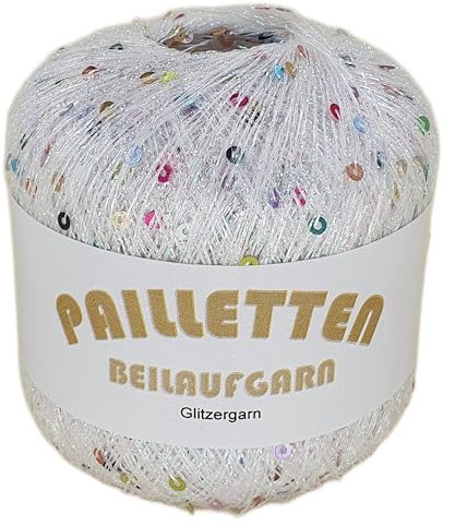 Pailletten Beilaufgarn auf 25 Gramm Knäuel in verschiedenen Farben (Weiß-Irisé mit Pailletten in Multicolor)