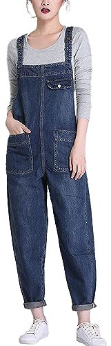 Vanchenl Salopette da donna, casual, in denim, regolabile, pantaloni harem, Blu scuro, M