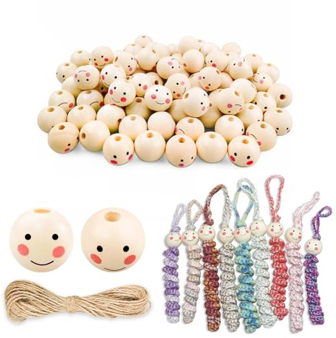 60 Stück Holzperlen mit Gesicht, Holzkugeln mit 10m Juteschnur, Holzperlen Rund 20mm, Naturholzperlen für DIY Bastelarbeiten Dekorationen, Schmuck Armband Halskette, Glückswürmchen, Sorgenwürmchen