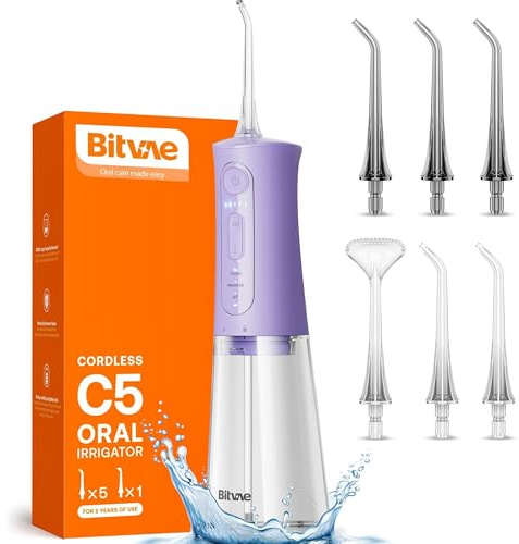 Water Flosser for Teeth, Bitvae Cordless Water Teeth Cleaner Picks, 3 Modes Electric Tooth Flosser with 6 Jet Tips, IPX7 Waterproof, USB Rechargeable for Travel & Home Use (Purple)