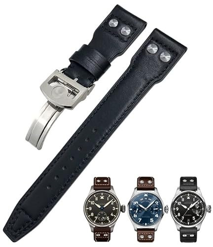 HKIDKK 22mm Nieten Echtes Leder Armband Fit Für IWC Big Pilot TOP GUN Uhr IW3777 Kalbsleder Armband, Black Buckle, Achat