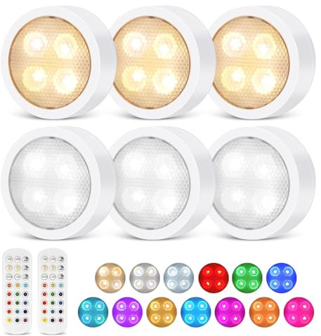 Luces LED, 6 Piezas Luz Nocturna, Luz LED Armario, Luces de Colores Regulables con Control Remoto para Estanterías, Alacenas, Vitrinas, Dormitorio, Cocina, Guardarropa, Escaparate, Funciona con Pilas