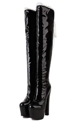 WILDKATZEN Damen Plateau Overknees Stiefel Blockabsatz Lack Boots Lolita High Heels Schwarz 43 EU